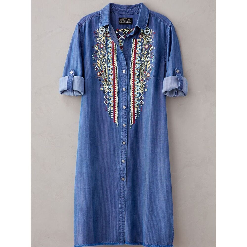 Overland Carly Embroidered Tencel Shirt Dress in River Blue Size XS